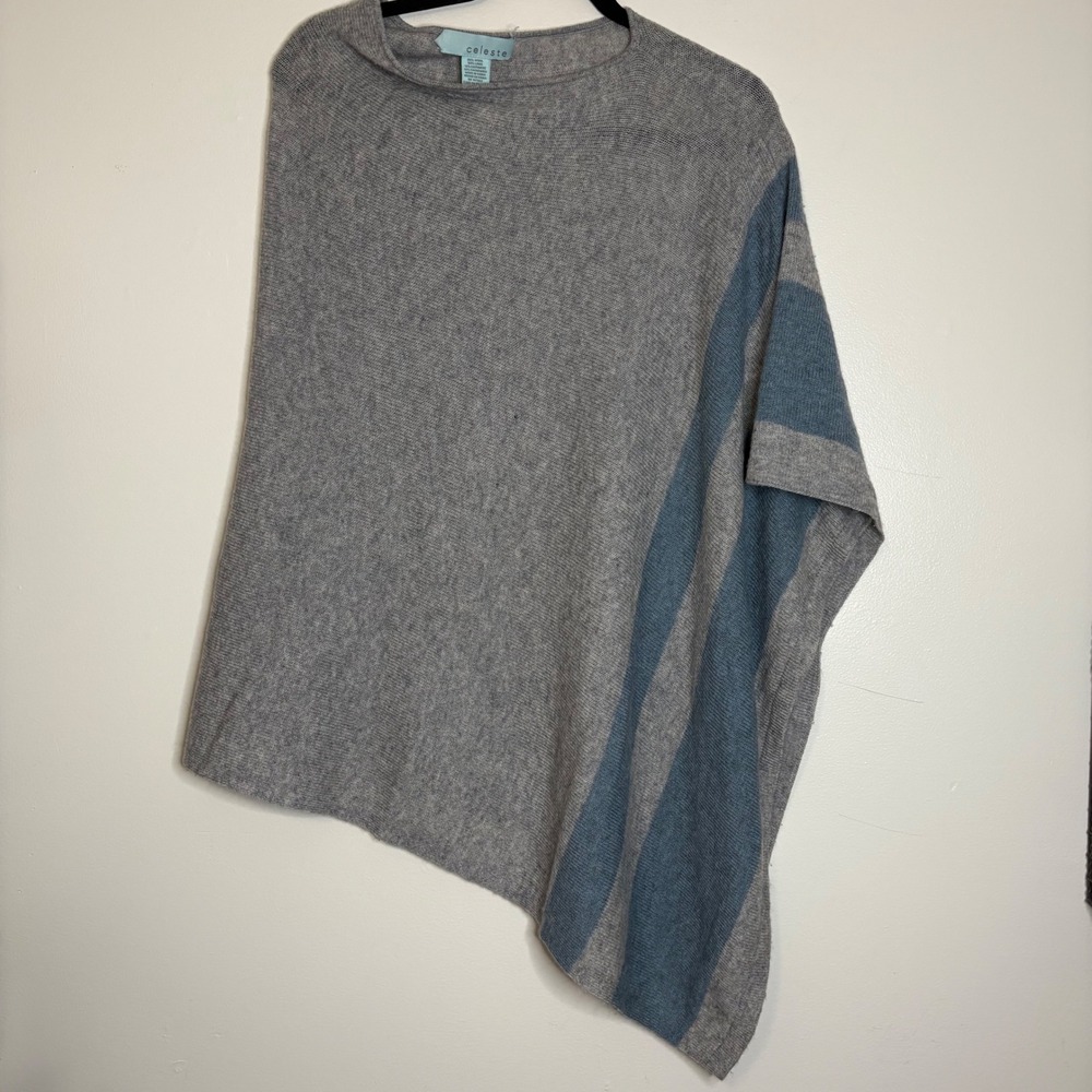 Celeste Wool Cashmere‎ Blend Poncho Cape Gray Blue Striped Cozy Elegant